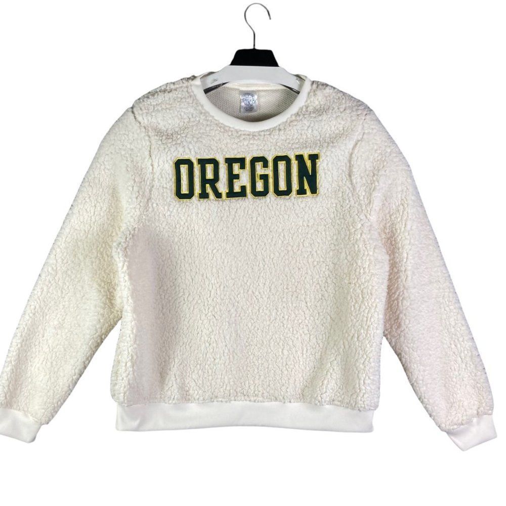 Oregon Ducks Sweatshirt Womens Teddy Pullover Sherpa Size XL Soft White 16/18